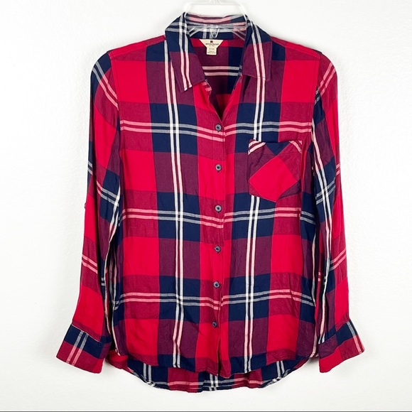 WOOLRICH Red And Blue Plaid Long Tab Sleeves Button Top, Size Small - Picture 1 of 10
